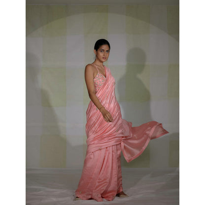 DEEPTHEE Chalk Pink Hand Embroidered Phool Guchha Saree with Bralette Stitched Blouse