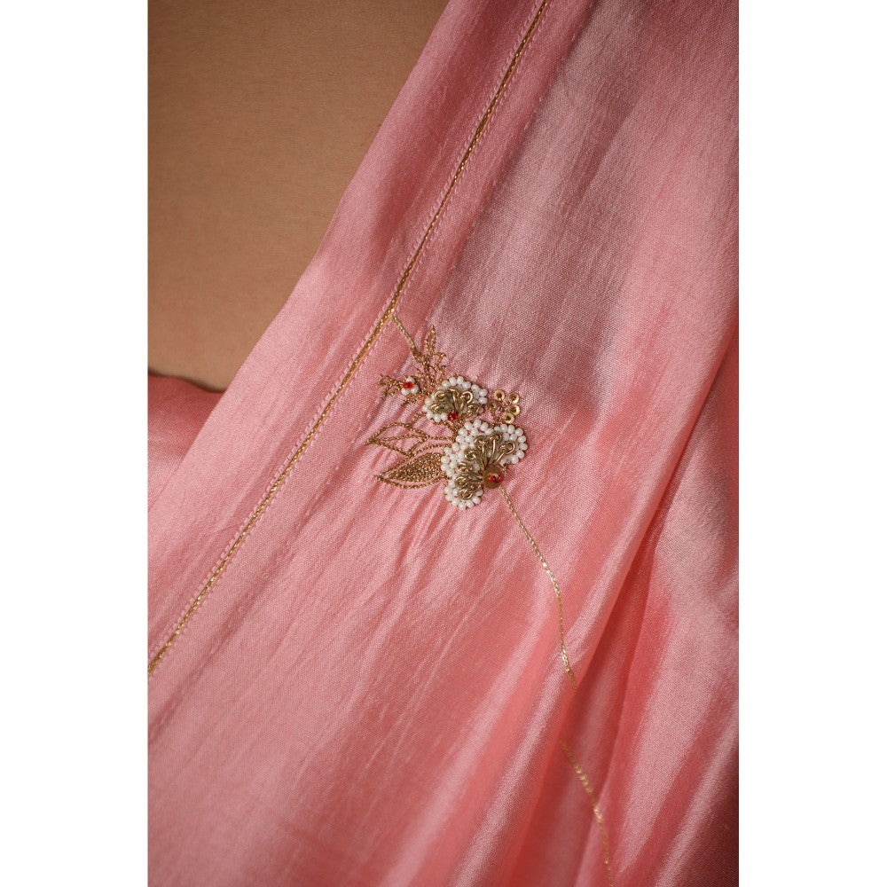 DEEPTHEE Chalk Pink Hand Embroidered Phool Guchha Saree with Bralette Stitched Blouse