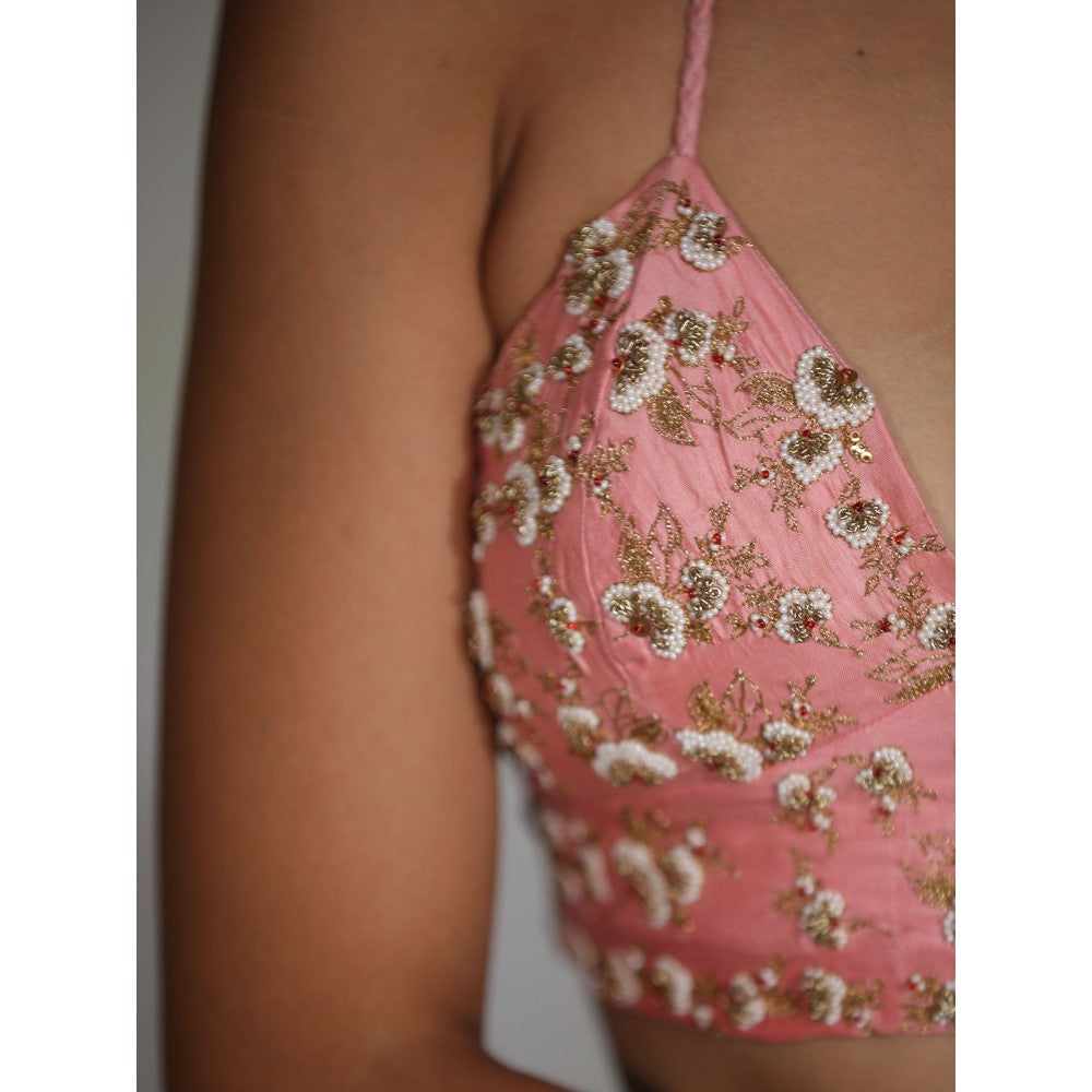 DEEPTHEE Chalk Pink Hand Embroidered Phool Guchha Saree with Bralette Stitched Blouse