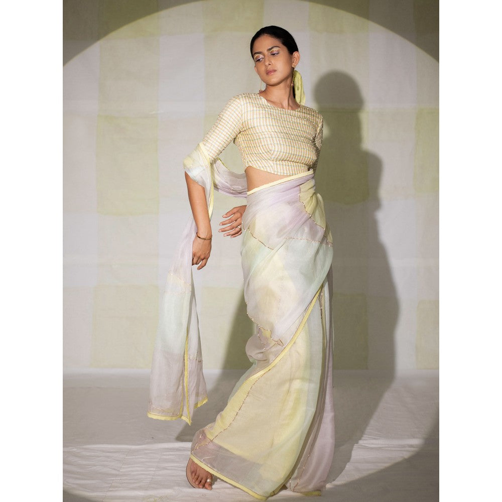 DEEPTHEE Multi Colored Hand Printed Saree with Checkered Stitched Blouse