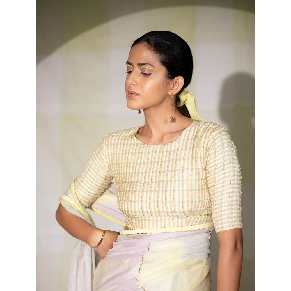 DEEPTHEE Multi Colored Hand Printed Saree with Checkered Stitched Blouse