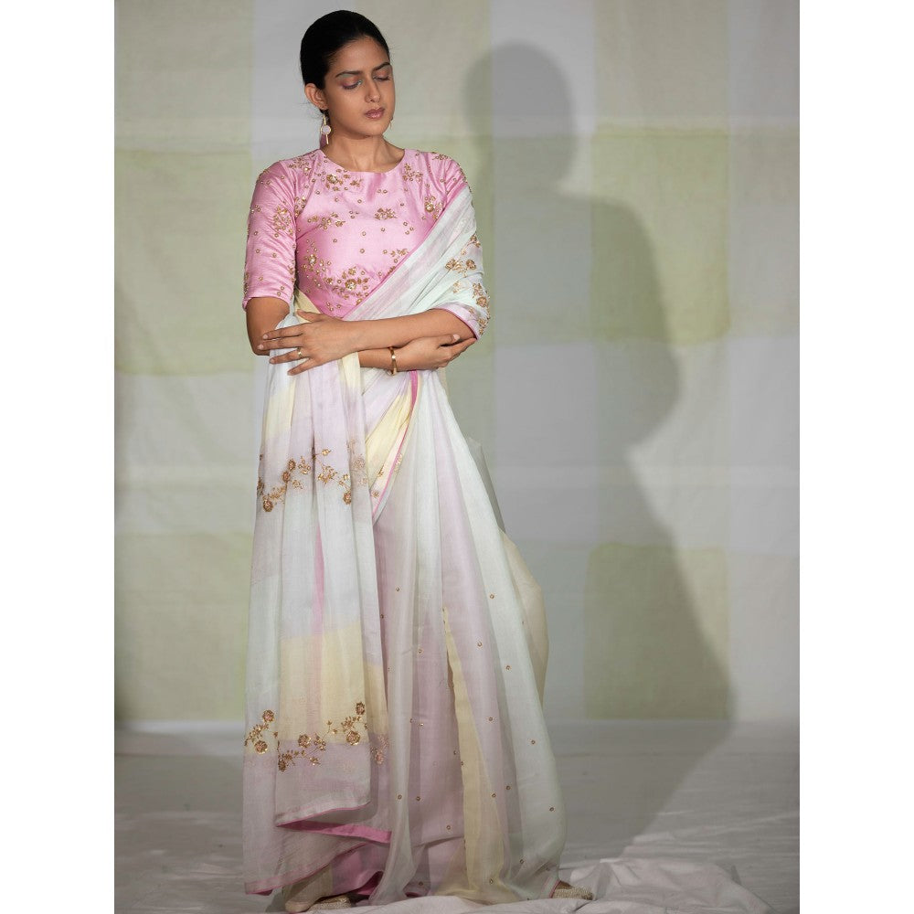 DEEPTHEE Multi Colored Hand Embroidered Saree with Pink Stitched Blouse
