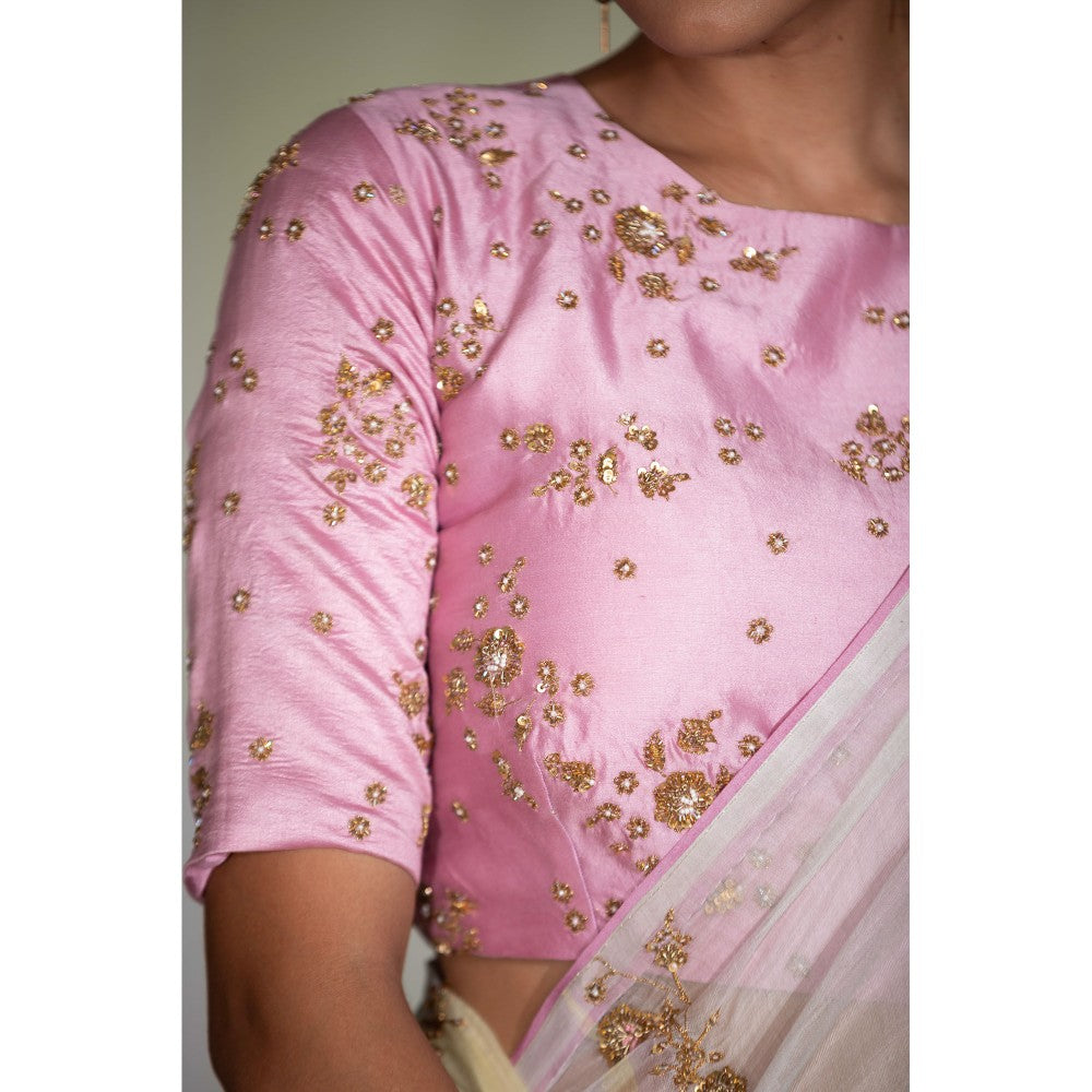 DEEPTHEE Multi Colored Hand Embroidered Saree with Pink Stitched Blouse
