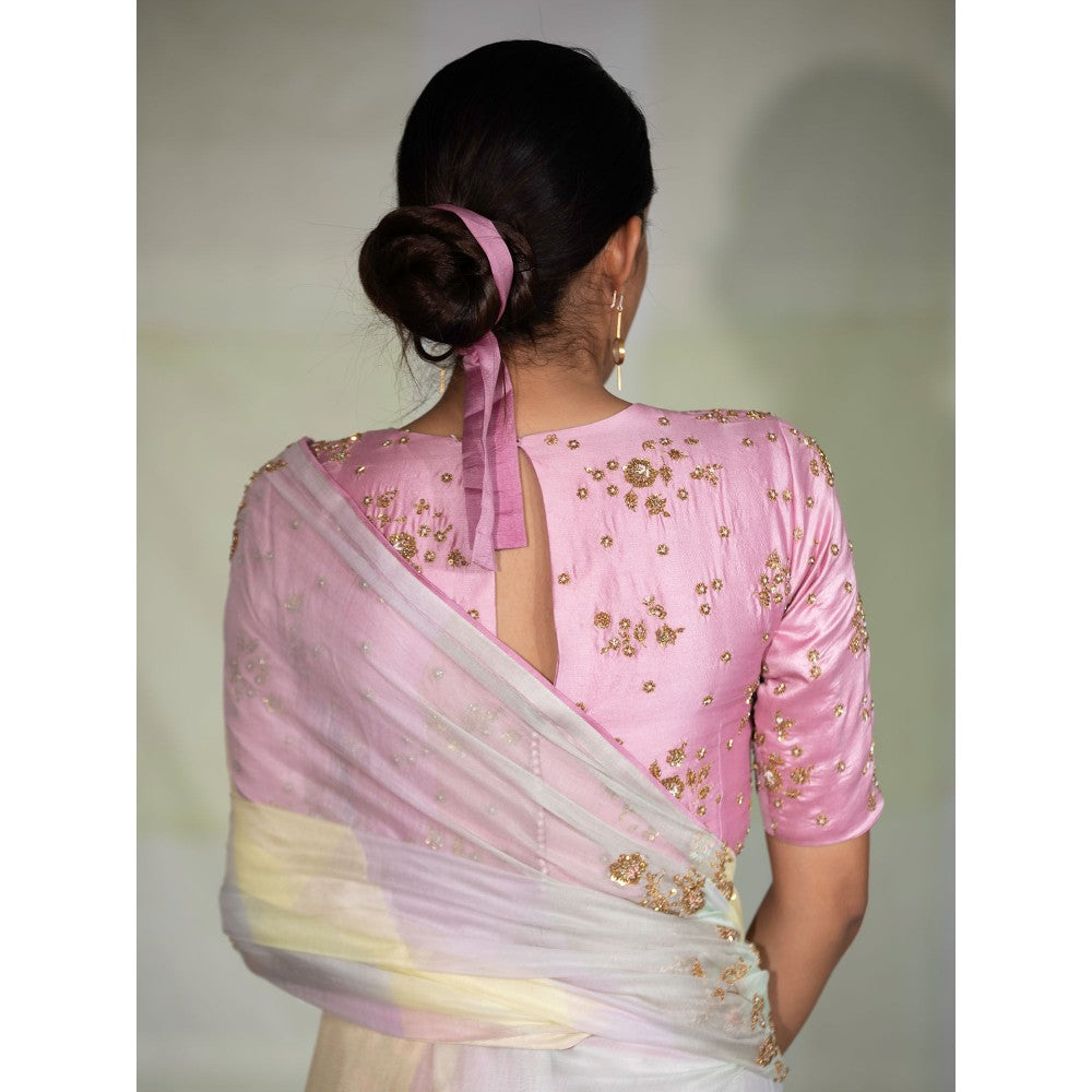 DEEPTHEE Multi Colored Hand Embroidered Saree with Pink Stitched Blouse