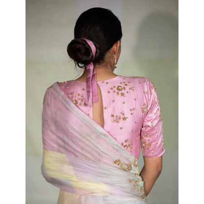 DEEPTHEE Multi Colored Hand Embroidered Saree with Pink Stitched Blouse