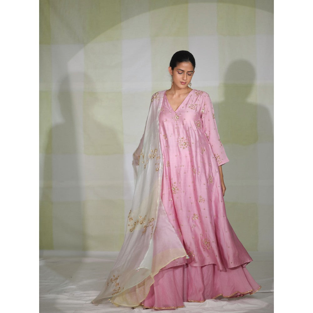 DEEPTHEE Pink Hand Embroidered Side Panel Kurta with Sharara & Dupatta (Set of 3)