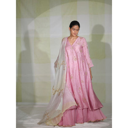 DEEPTHEE Pink Hand Embroidered Side Panel Kurta with Sharara & Dupatta (Set of 3)