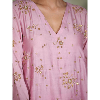 DEEPTHEE Pink Hand Embroidered Side Panel Kurta with Sharara & Dupatta (Set of 3)