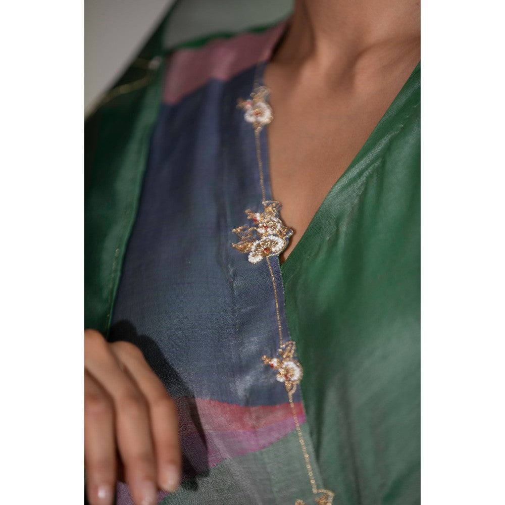 DEEPTHEE Green Hand Embroidered Phool Guchha Crossover Kurta with Pant & Dupatta (Set of 3)