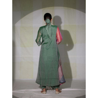 DEEPTHEE Green Hand Embroidered Phool Guchha Crossover Kurta with Pant & Dupatta (Set of 3)