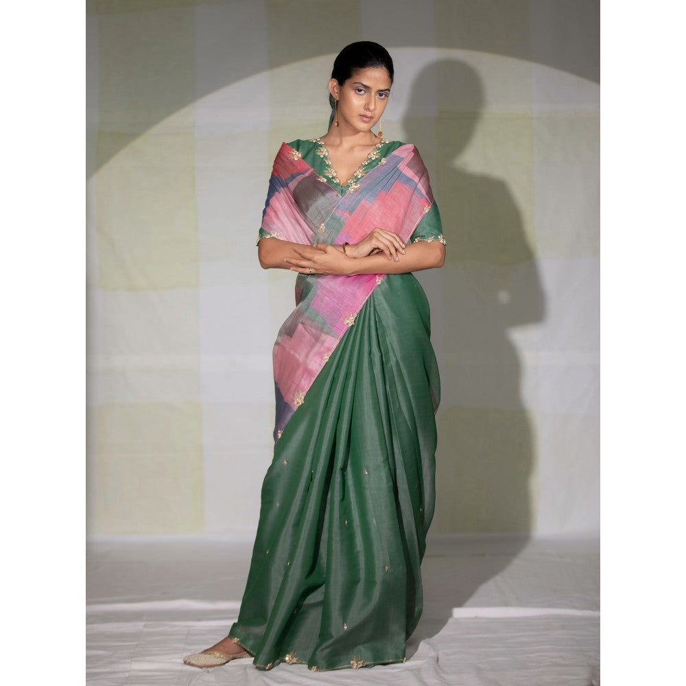 DEEPTHEE Green Color Block Hand Embroidered Saree with Stitched Blouse