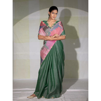 DEEPTHEE Green Color Block Hand Embroidered Saree with Stitched Blouse