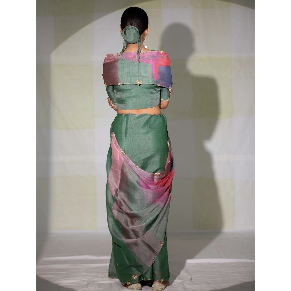 DEEPTHEE Green Color Block Hand Embroidered Saree with Stitched Blouse