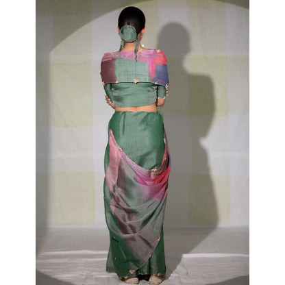 DEEPTHEE Green Color Block Hand Embroidered Saree with Stitched Blouse