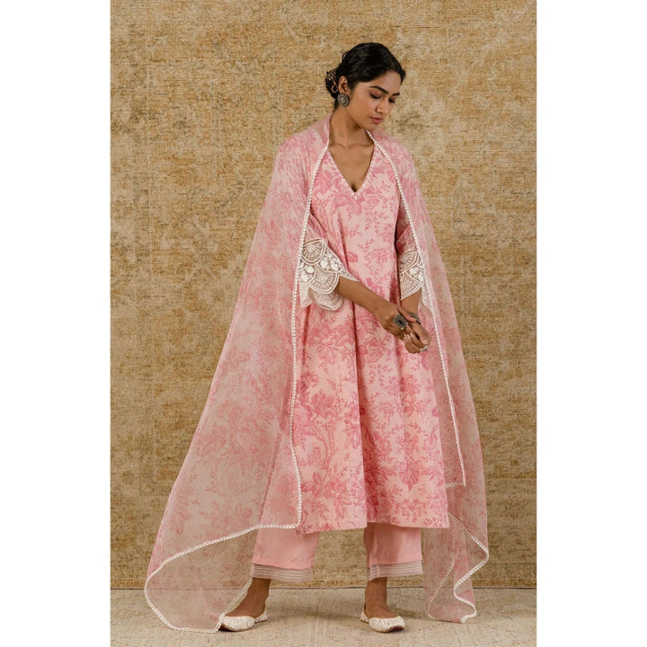 Devnaagri Blush Pink Block Printed Kurta and Palazzo with Dupatta (Set of 3)