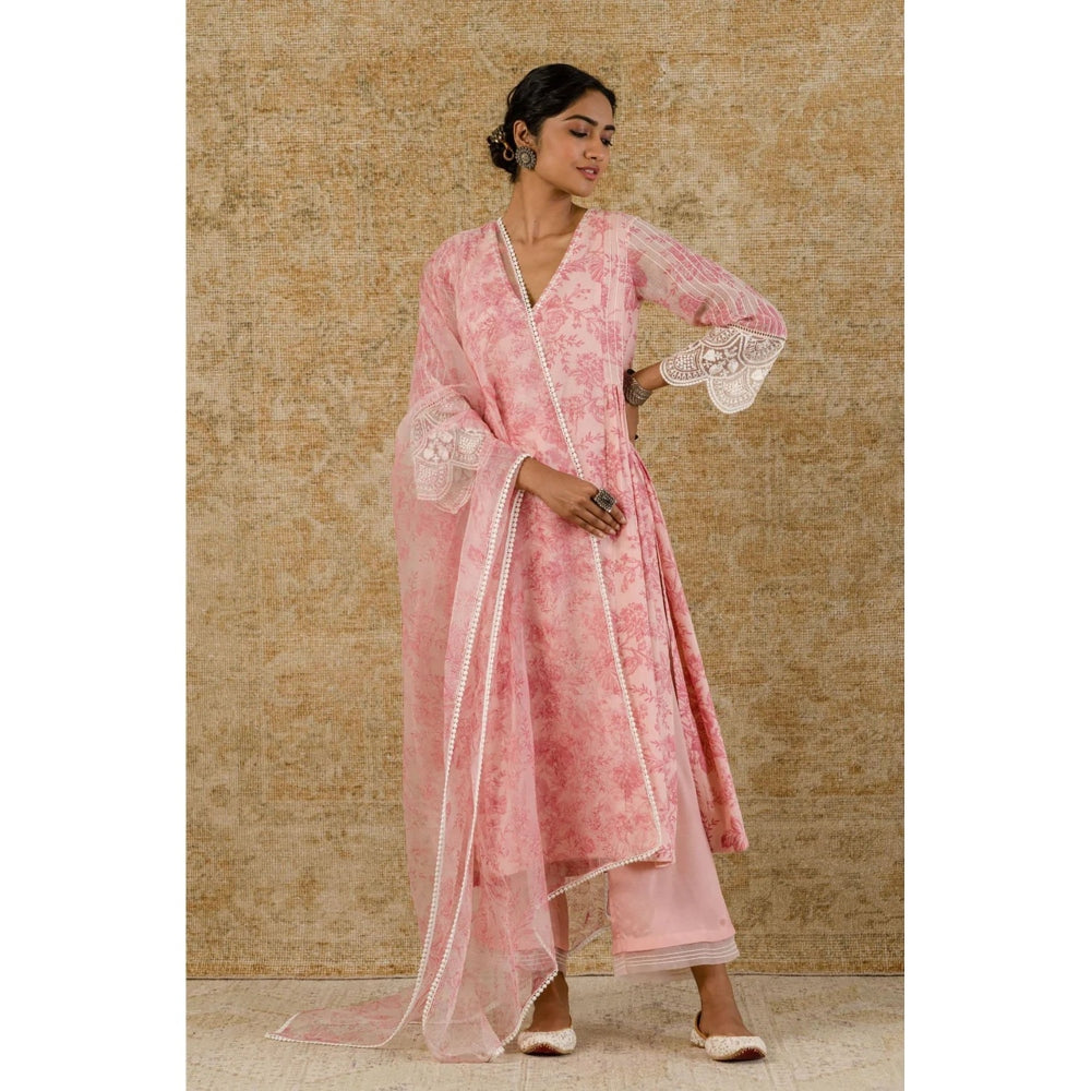 Devnaagri Blush Pink Block Printed Kurta and Palazzo with Dupatta (Set of 3)