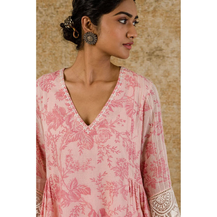 Devnaagri Blush Pink Block Printed Kurta and Palazzo with Dupatta (Set of 3)