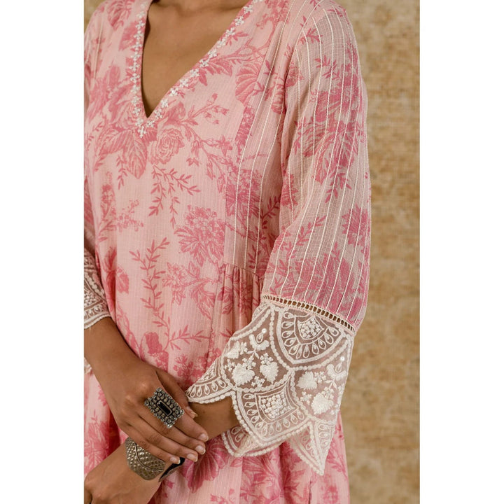 Devnaagri Blush Pink Block Printed Kurta and Palazzo with Dupatta (Set of 3)