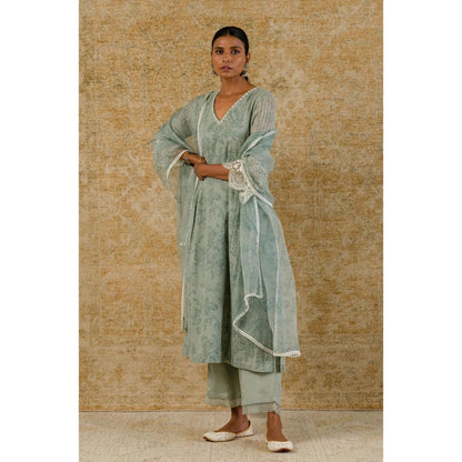 Devnaagri Sage Green Block Printed Kurta and Palazzo with Dupatta (Set of 3)