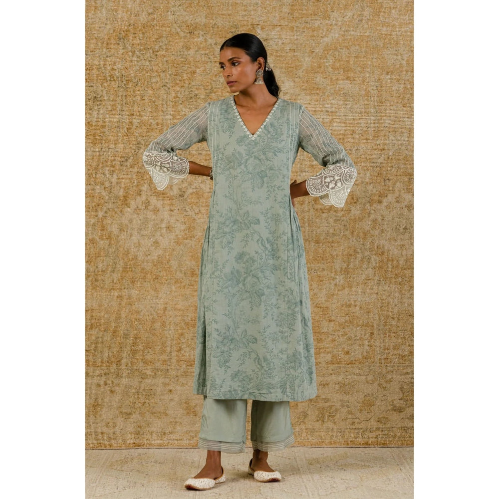Devnaagri Sage Green Block Printed Kurta and Palazzo with Dupatta (Set of 3)