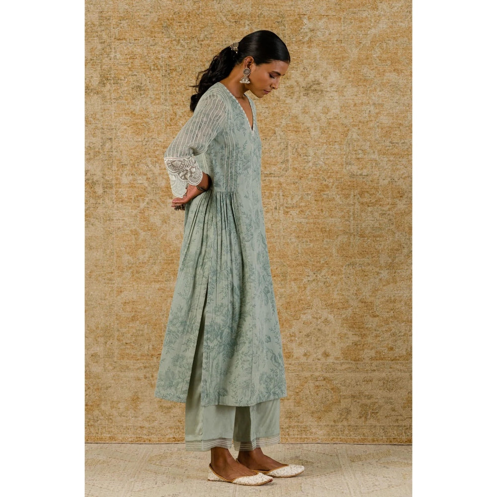 Devnaagri Sage Green Block Printed Kurta and Palazzo with Dupatta (Set of 3)