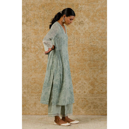 Devnaagri Sage Green Block Printed Kurta and Palazzo with Dupatta (Set of 3)