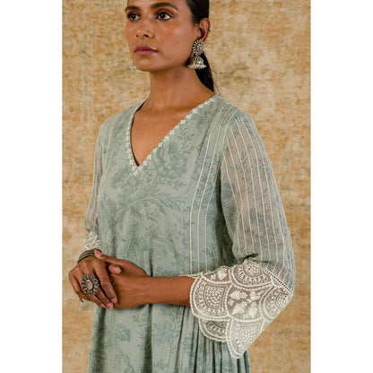 Devnaagri Sage Green Block Printed Kurta and Palazzo with Dupatta (Set of 3)