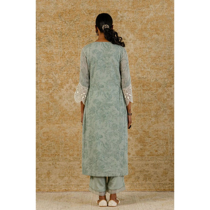 Devnaagri Sage Green Block Printed Kurta and Palazzo with Dupatta (Set of 3)