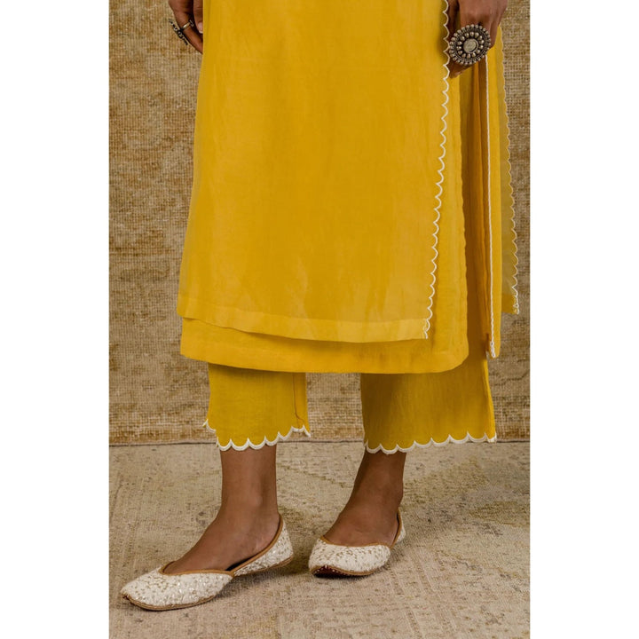 Devnaagri Yellow Embroidered Organza Kurta and Pant with Dupatta (Set of 3)
