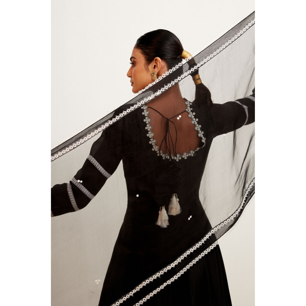 Devnaagri Black Chanderi Anarkali and Pant with Dupatta (Set of 3)