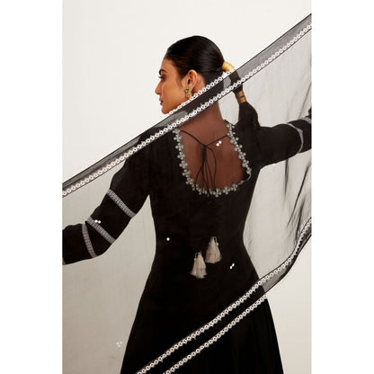 Devnaagri Black Chanderi Anarkali and Pant with Dupatta (Set of 3)