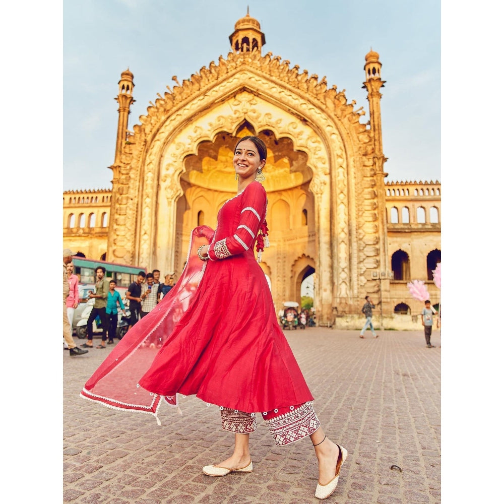 Devnaagri Fuchsia Pink Chanderi Anarkali and Pant with Dupatta (Set of 3)