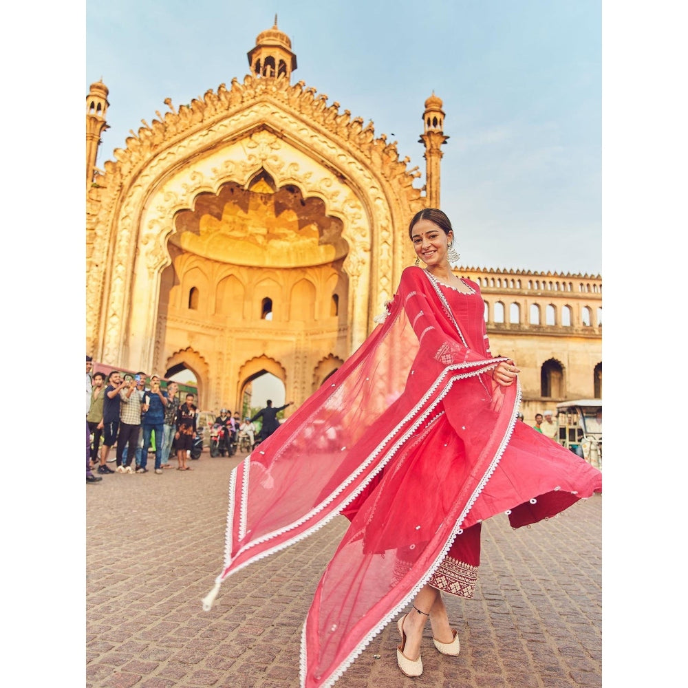 Devnaagri Fuchsia Pink Chanderi Anarkali and Pant with Dupatta (Set of 3)