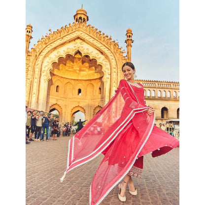Devnaagri Fuchsia Pink Chanderi Anarkali and Pant with Dupatta (Set of 3)