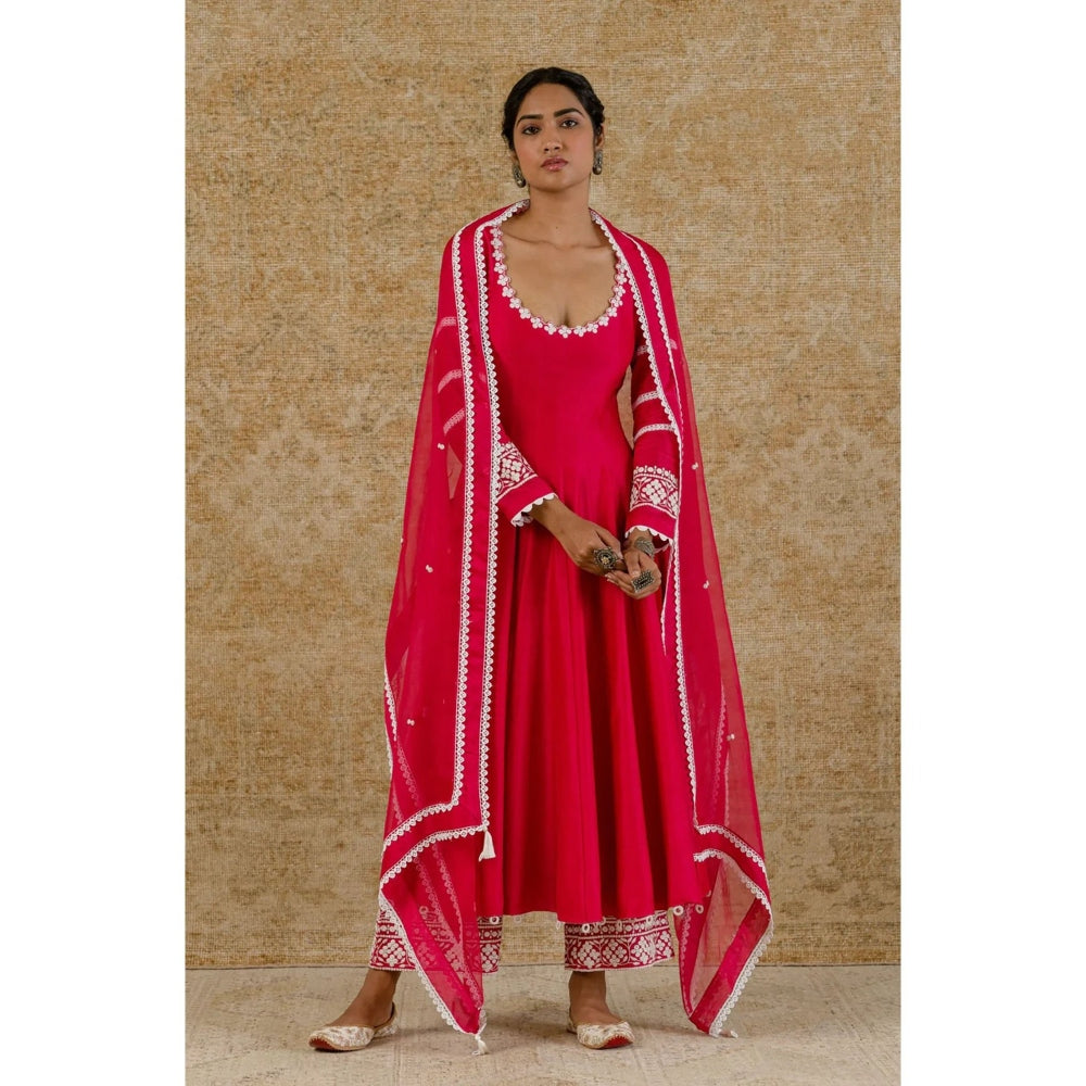 Devnaagri Fuchsia Pink Chanderi Anarkali and Pant with Dupatta (Set of 3)