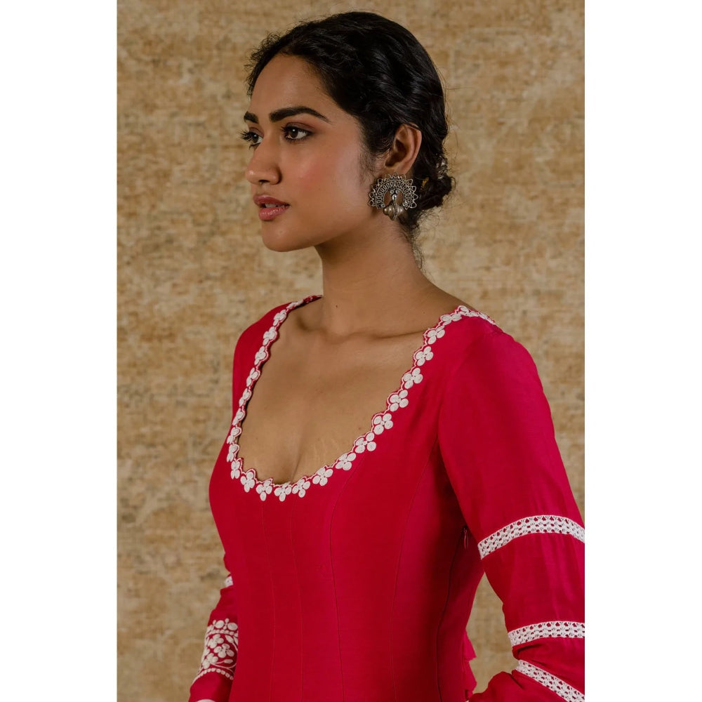 Devnaagri Fuchsia Pink Chanderi Anarkali and Pant with Dupatta (Set of 3)