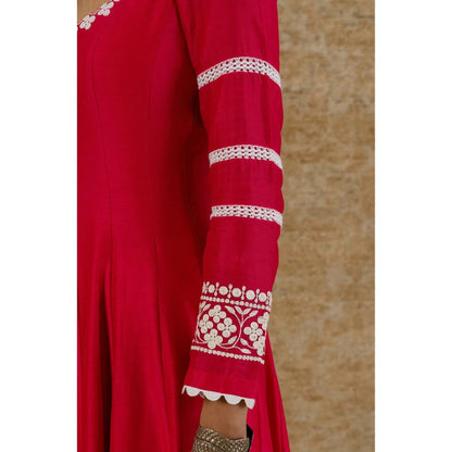 Devnaagri Fuchsia Pink Chanderi Anarkali and Pant with Dupatta (Set of 3)