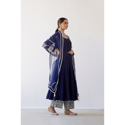 Devnaagri Navy Blue Chanderi Anarkali and Pant with Dupatta (Set of 3)