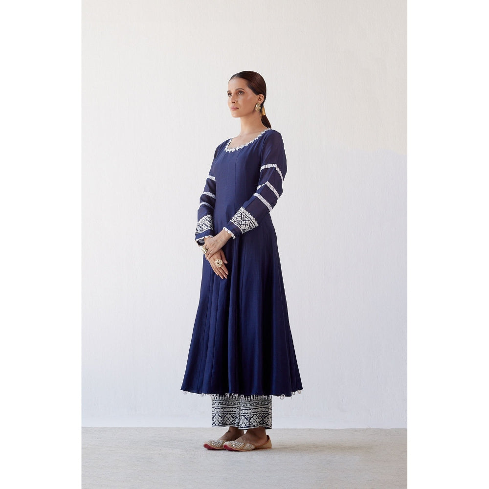 Devnaagri Navy Blue Chanderi Anarkali and Pant with Dupatta (Set of 3)