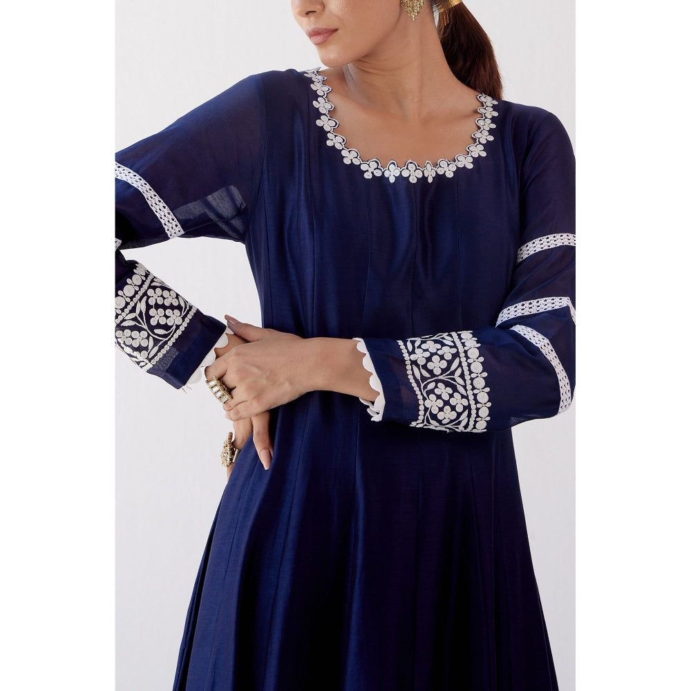 Devnaagri Navy Blue Chanderi Anarkali and Pant with Dupatta (Set of 3)