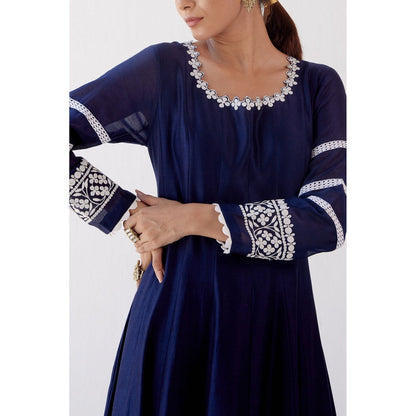 Devnaagri Navy Blue Chanderi Anarkali and Pant with Dupatta (Set of 3)