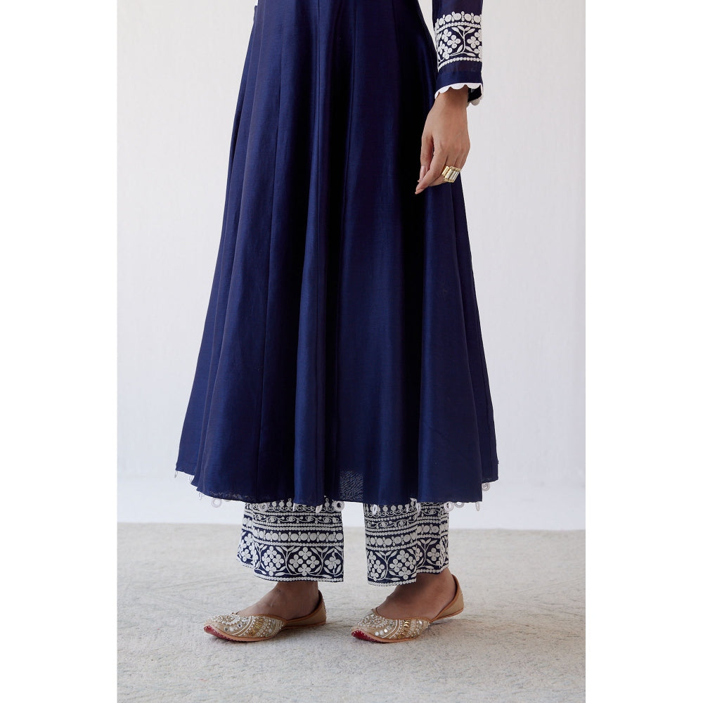 Devnaagri Navy Blue Chanderi Anarkali and Pant with Dupatta (Set of 3)