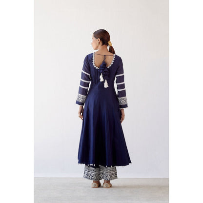 Devnaagri Navy Blue Chanderi Anarkali and Pant with Dupatta (Set of 3)