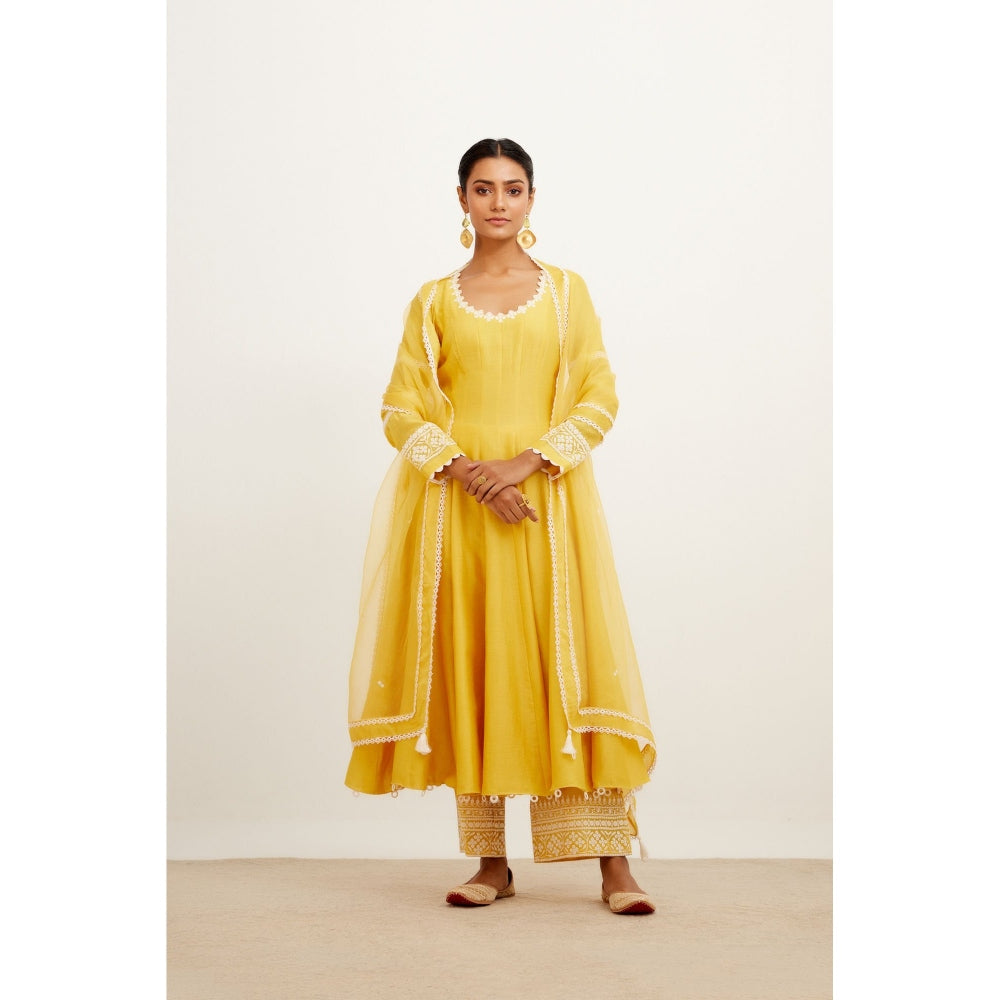 Devnaagri Yellow Chanderi Anarkali and Pant with Dupatta (Set of 3)