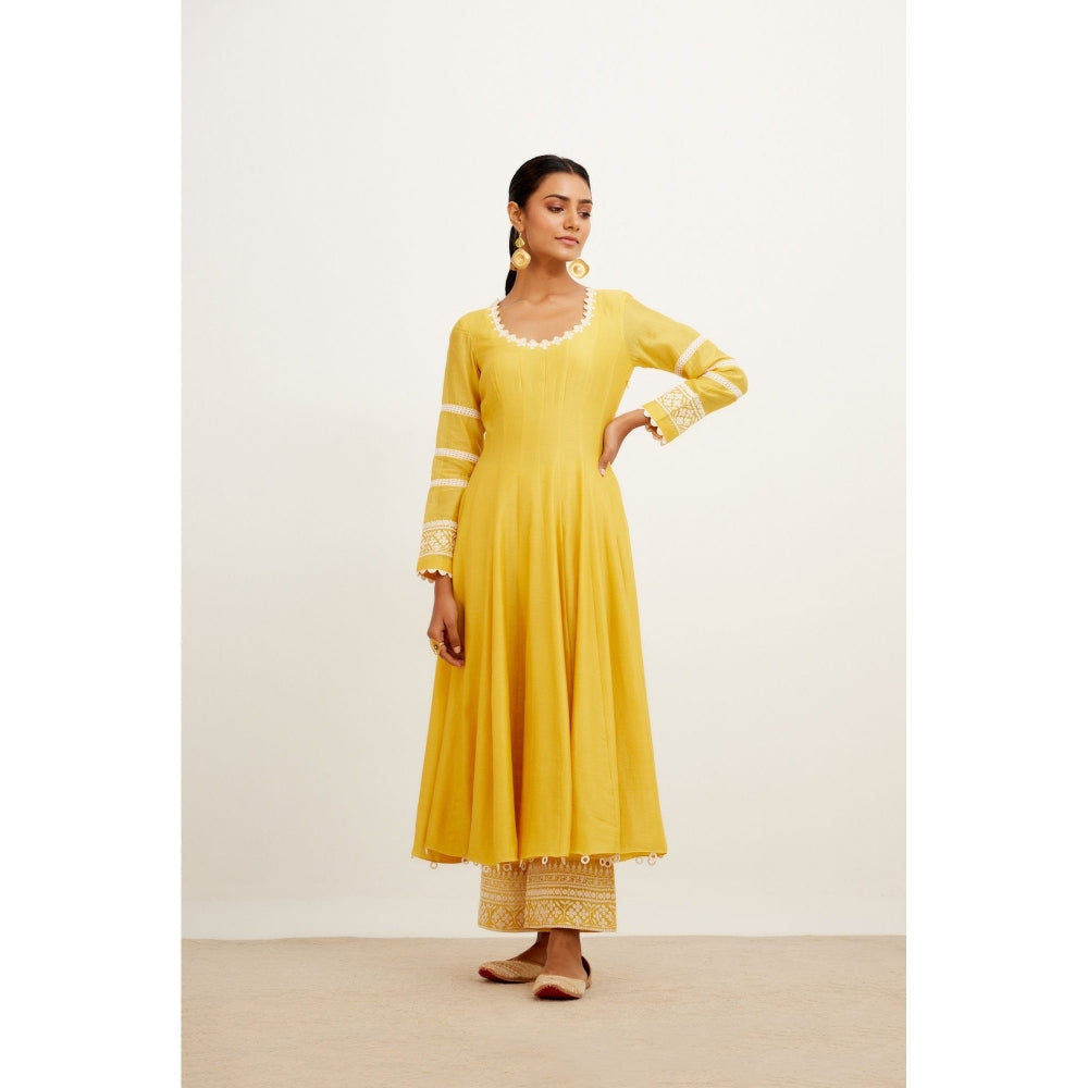 Devnaagri Yellow Chanderi Anarkali and Pant with Dupatta (Set of 3)