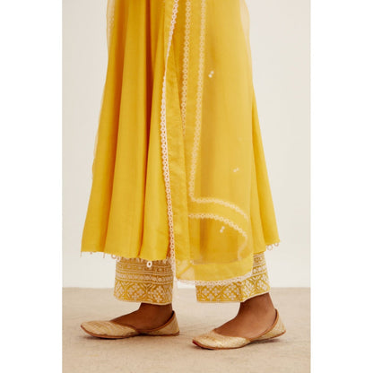Devnaagri Yellow Chanderi Anarkali and Pant with Dupatta (Set of 3)