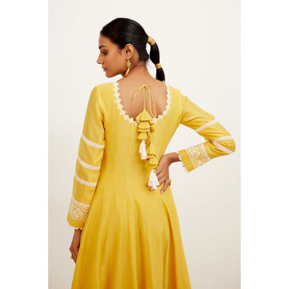 Devnaagri Yellow Chanderi Anarkali and Pant with Dupatta (Set of 3)