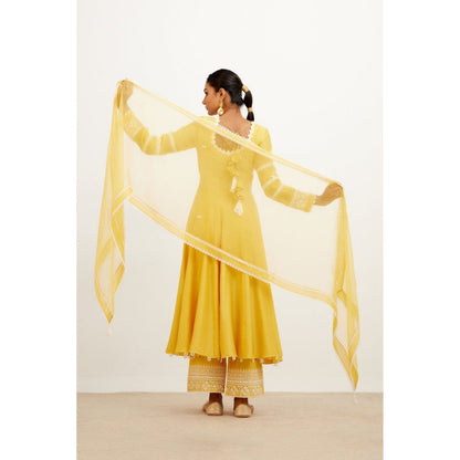 Devnaagri Yellow Chanderi Anarkali and Pant with Dupatta (Set of 3)