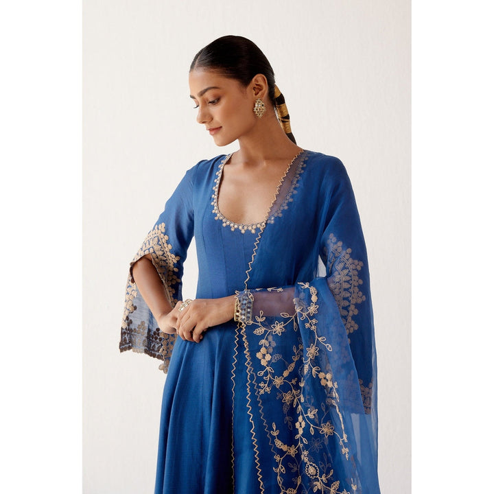 Devnaagri Blue Dori Embroidered Anarkali and Palazzo with Dupatta (Set of 3)