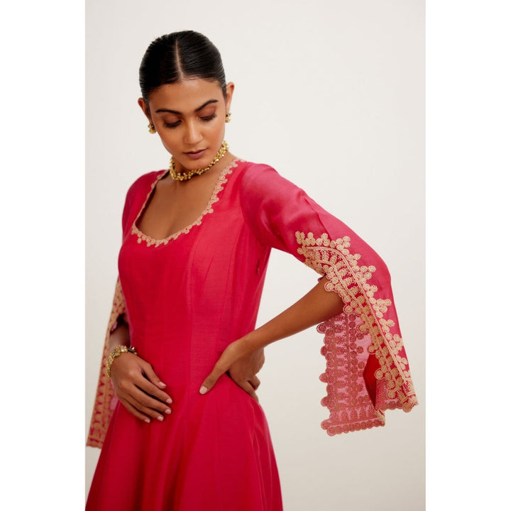 Devnaagri Fuchsia Pink Dori Embroidered Anarkali and Palazzo with Dupatta (Set of 3)